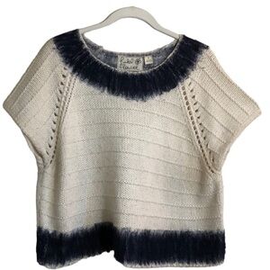 Field & Flower Anthropologie Ivory Cap Sleeve Crop Boxy Sweater Navy Trim Medium
